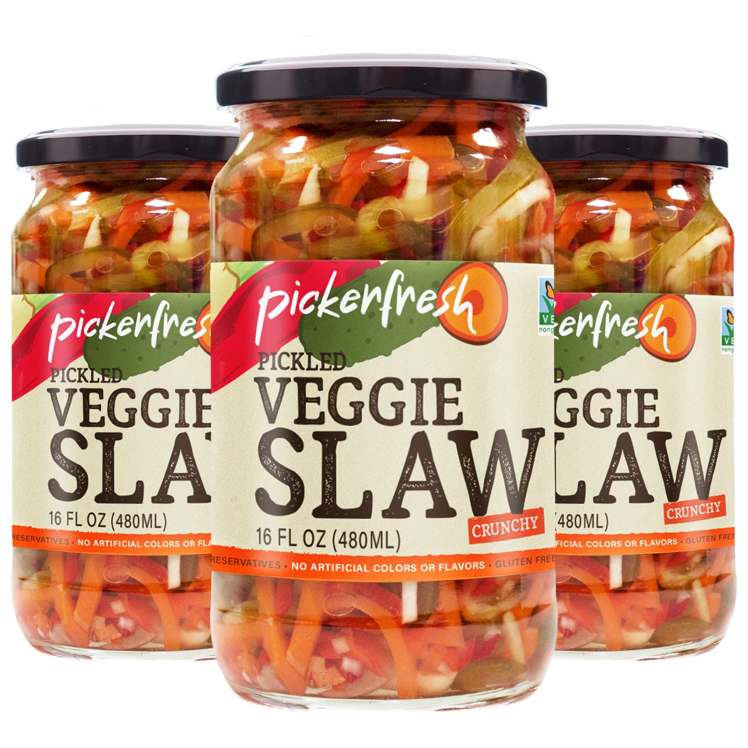 Pickerfresh Pickled Veggie Slaw, Crunchy, 16 fl oz (3 Pack), Non-GMO, Gluten Free, No Artificial Color & No Preservatives, Ingredients (Pickles, Carrot, Red Pepper, Celery)
