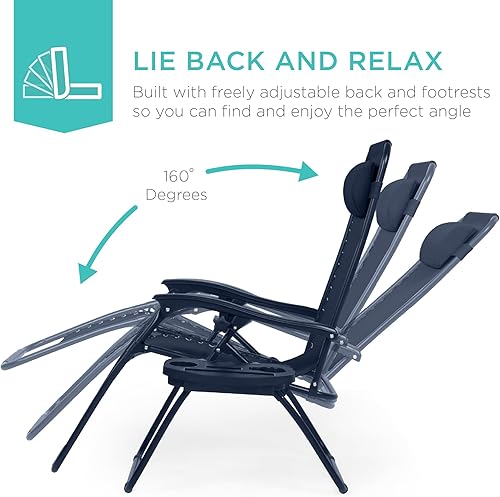 Miniatura 11 de Best Choice Products Juego de 2 sillas reclinables ajustables de malla de acero con gravedad cero con almohadas y bandejas portavasos, color arena