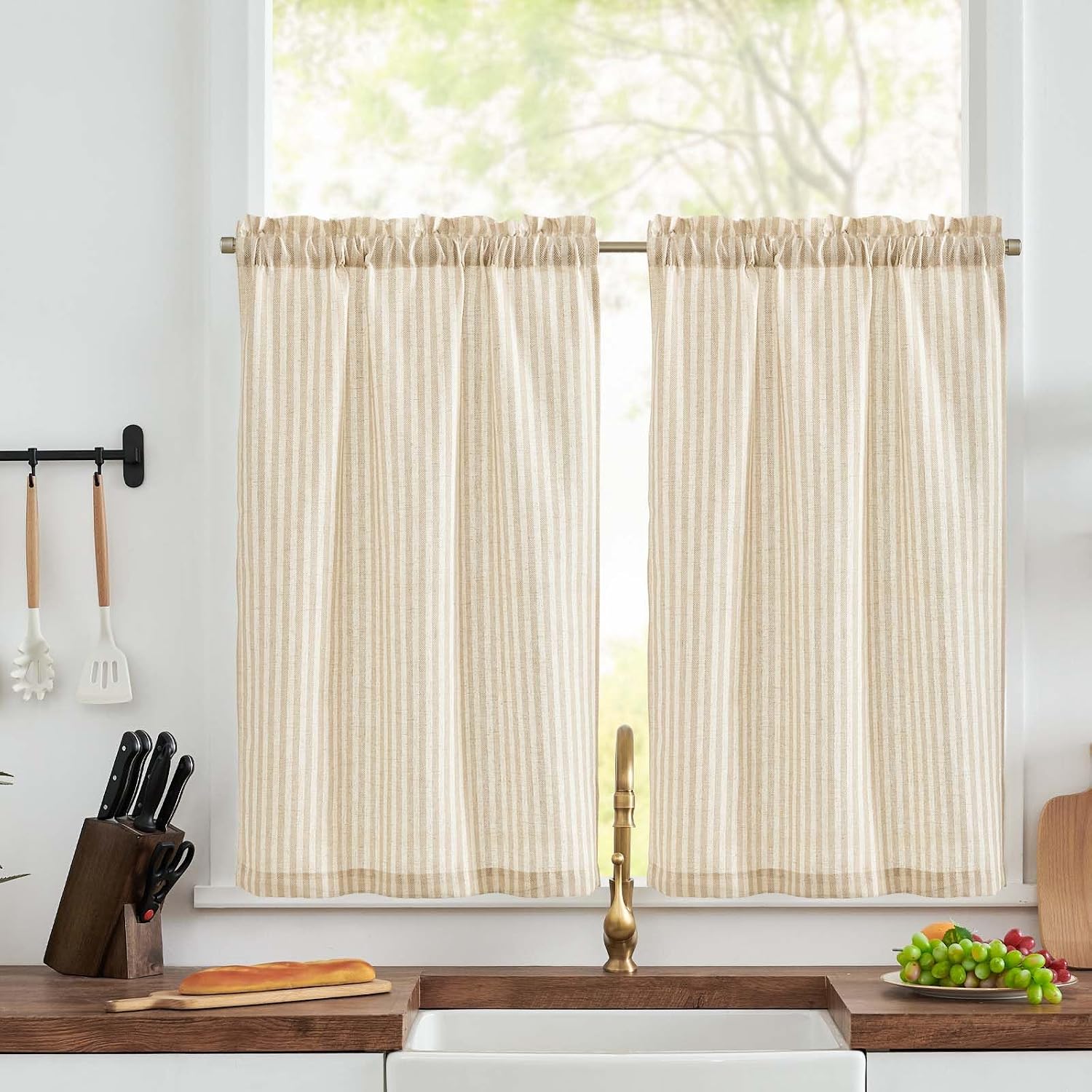 Amazon.com: jinchan Linen Kitchen Curtains Striped Tier Curtains ...