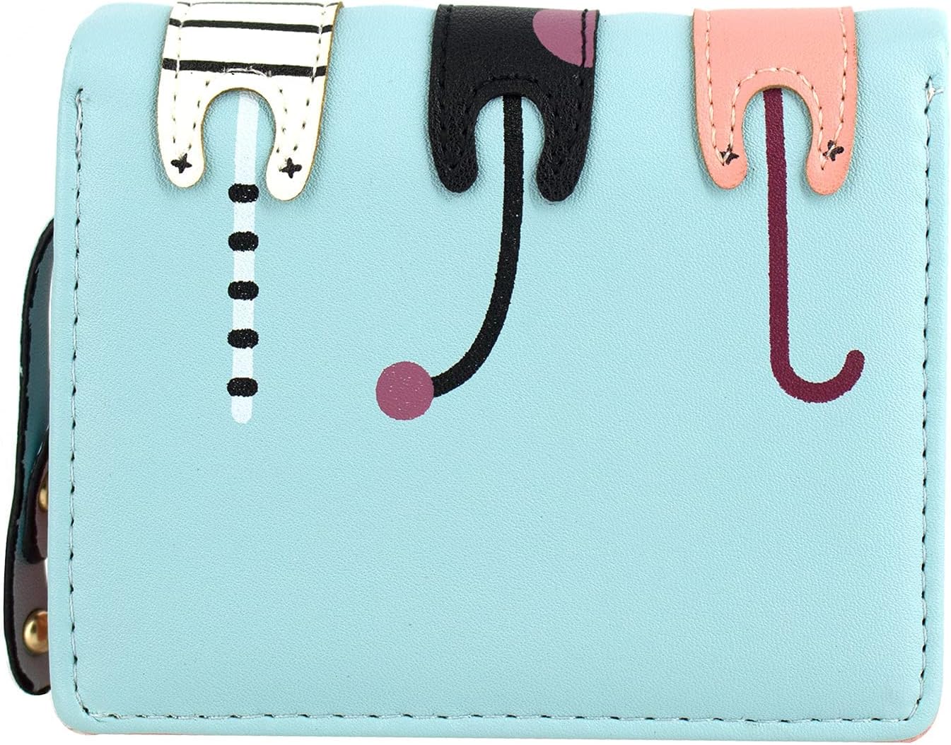 Mini Faux Leather Bifold Cute 3 Cat Zipper Clutch Wallet Handbag for Women Girls