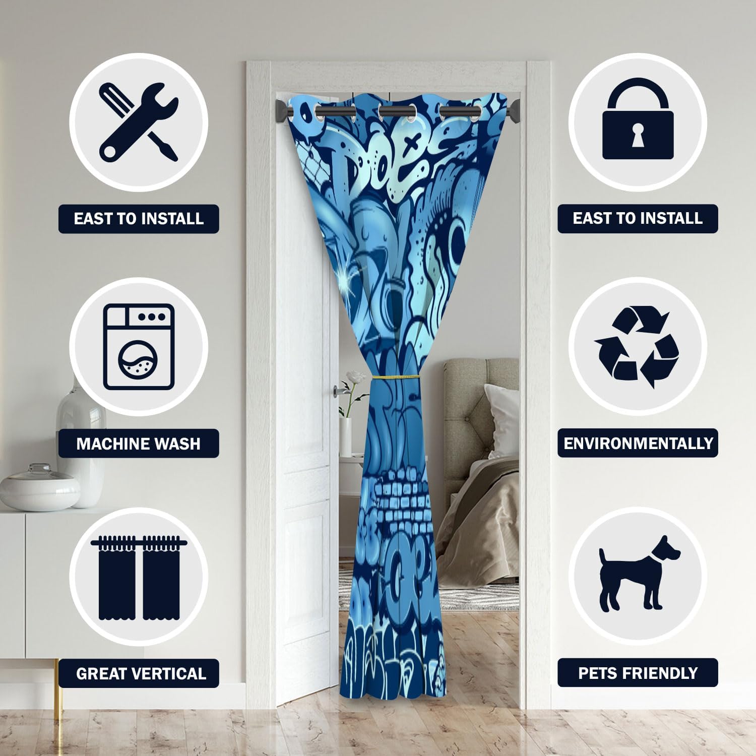 Graffiti Door Curtains for Doorways, Modern Abstract Art Hip Hop Street Blue Blackout Curtain for Kids Bedroom Closet, Grommet Thermal Insulated Privacy Door Drapes for Room Divider, 42"W x 80"L