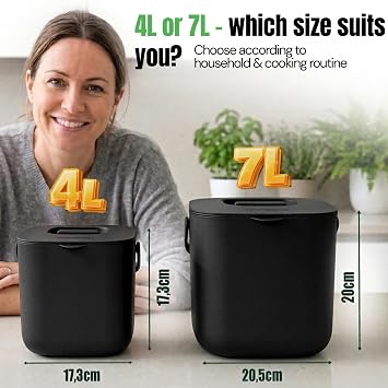 YourCasa Kitchen food waste bin caddy - countertop small compost bin kitchen counter with lid trash can - 4L - Dishwasher Safe - Odour Proof - Inner Sieve - indoor food recycling composter (Black)