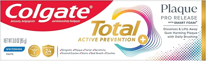 Colgate Total Plaque Pro Release Whitening Toothpaste, Whitening Fluoride Toothpaste, Fights Plaque, Bad Breath, Tartar Buildup, and Helps Protect Teeth from Sensitivity, 3.0 oz