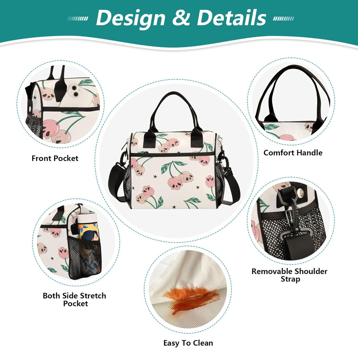 Cherry Skull Berry Stars Halloween Lunch Bag Reusable Lunch Tote Bags Insulated Cooler Lunch Box Food Container for Men Women Adults