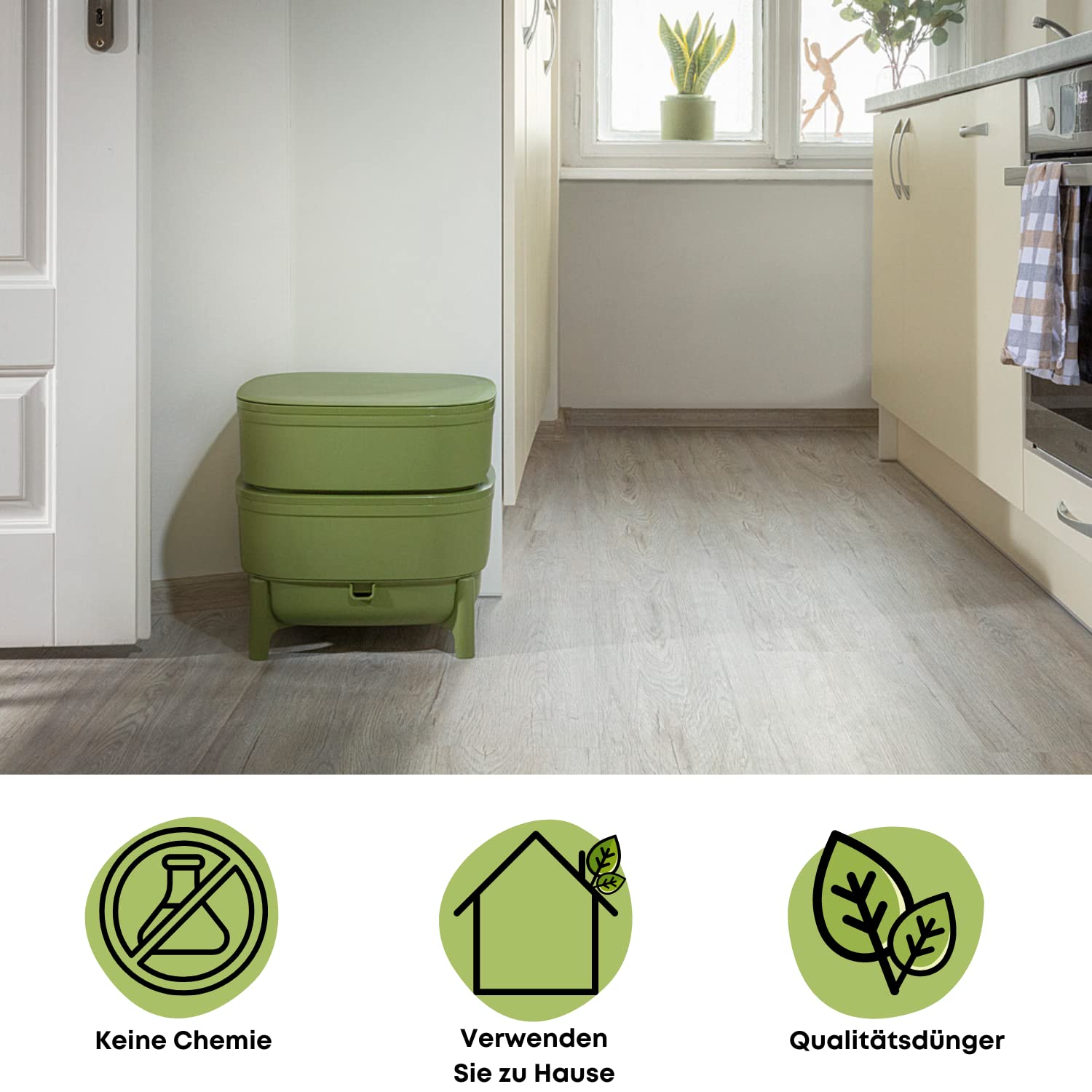 Plastia Economy Worm Composter for Kitchen and Balcony, 100% Recycled Plastic, Vermicompost with 2 Bowls, 30L, Green