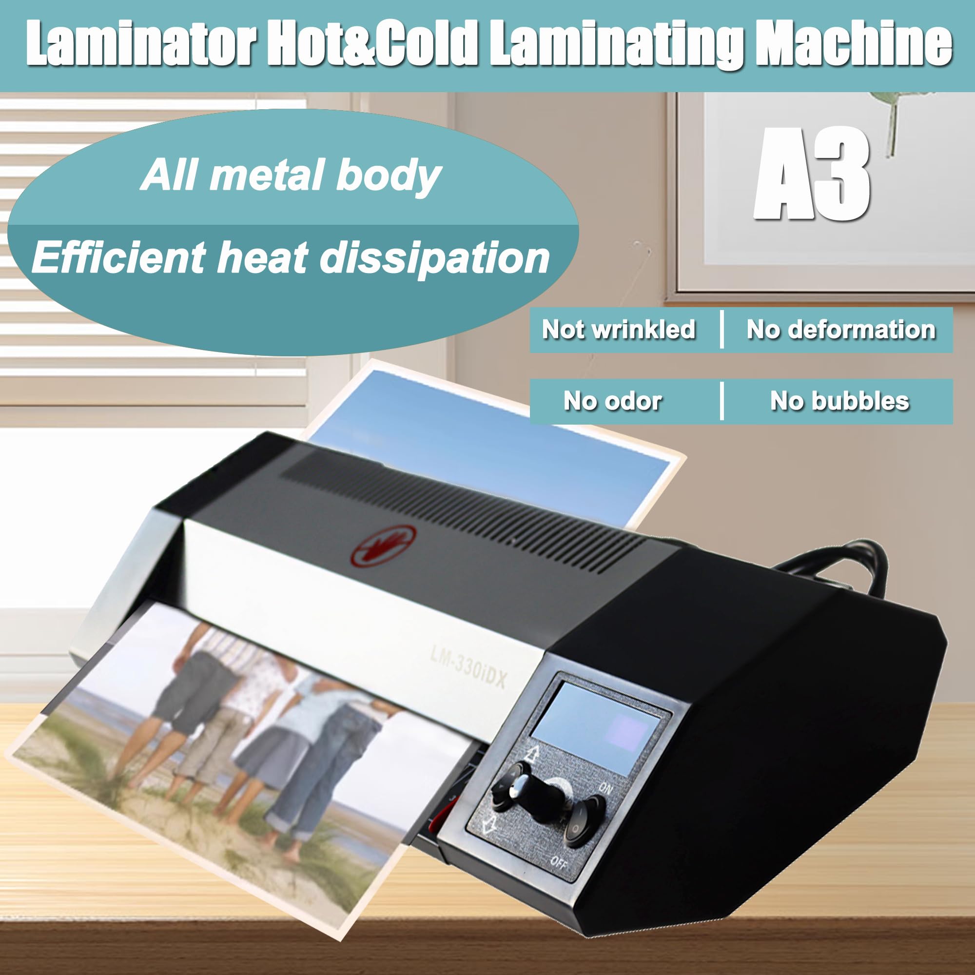 HQHAOTWU Hot&Cold Laminator Machine Metal A3 A4 Class Laminator Laminating Machine 4 Rolls 13'' Width Desktop Hot Cold Laminating Machine Thermal Cold Lamination Machine for Office Business Use 110V