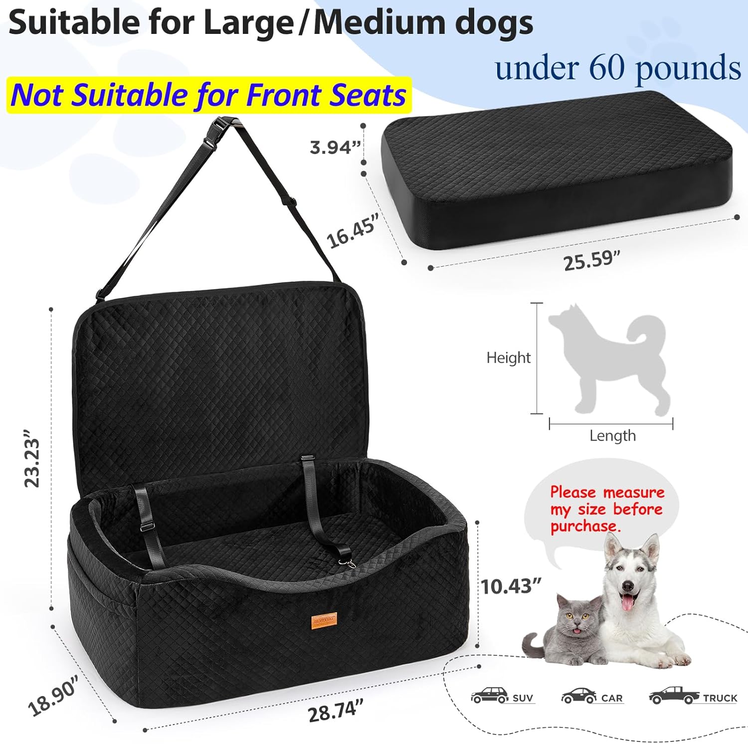 Dog Car Seat for Large Dogs up to 60 lbs or 2 Small Dogs with 4" Memory Foam, Back Seat Medium Pet Booster Seat with Triple Safety Belts, Adjustable Leashes, Detachable/Washable (Dark Black, Large)