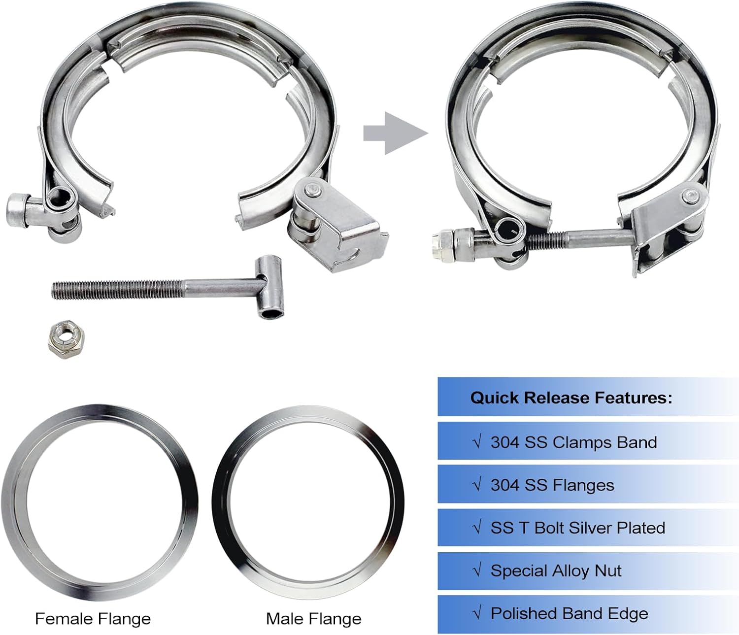 ROADFORMER 2.5 inch V Band Clamp - 2 sets of Quick Release V band Exhaust Clamp Stainless Steel with Flanges for Automotive exhaust system, turbocharger, downpipe and mufflers (2.5 - 2 Pack)