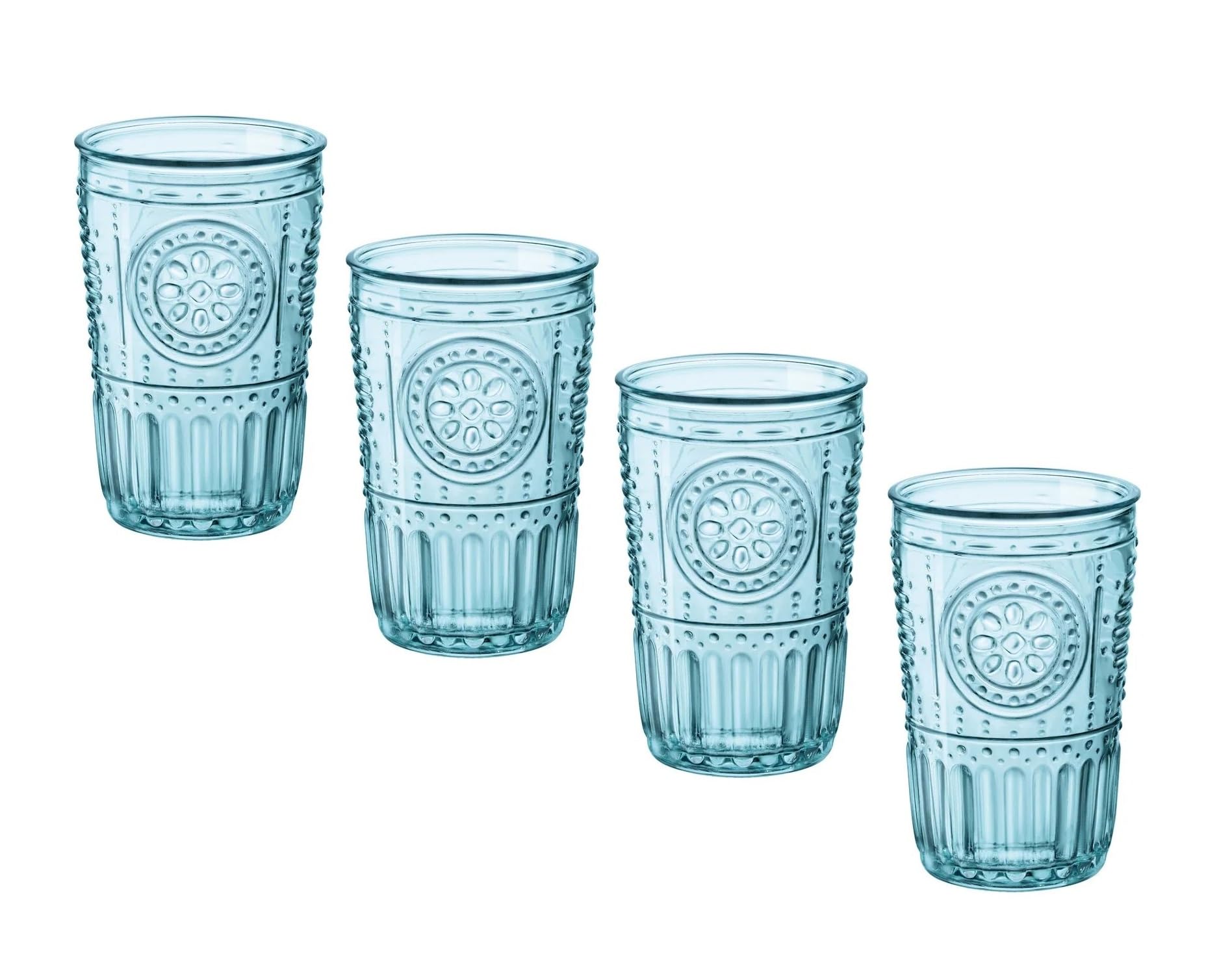 Bormioli Rocco Romantic Set Of 4 Tumbler Glasses, 11.5 Oz. Colored Crystal Glass, Light Blue, Made In Italy.