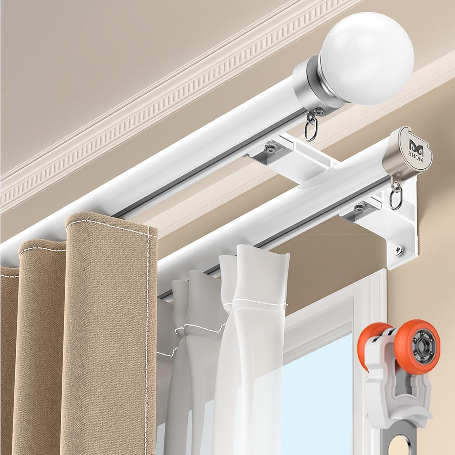 Heavy Duty Double Curtain Track Rod - Silent Dual Rail Aluminum Alloy Drapery Rod for Bedroom, Living Room, Windows & Room Dividers (2.9ft/0.9m) - Durable & Easy to Install