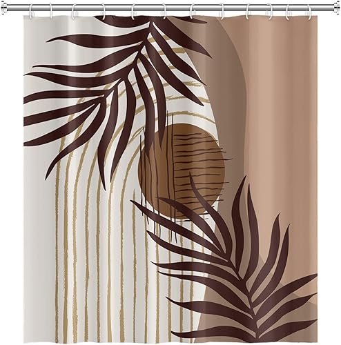Miniatura 4 de Cortina de ducha abstracta de mediados de siglo, estilo bohemio, con hojas de eucalipto, marrón y beige, con ganchos, tela impermeable, de