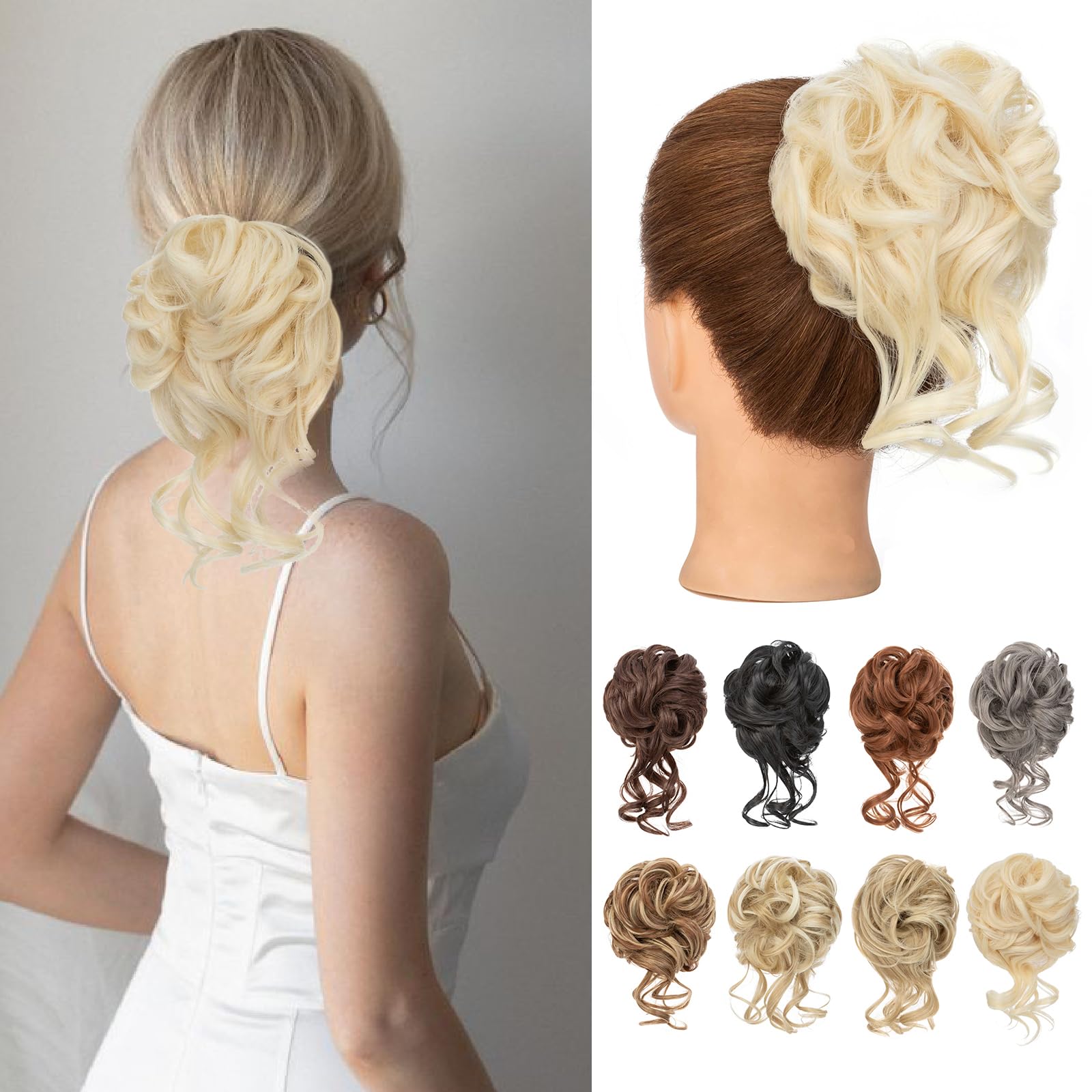 Benehair Messy Bun Hair Piece Wavy Curly Claw Clip Hair Bun Extensions Synthetic Hair Bun Donut Accessories Scrunchies Blonde Hair Pieces for Women(Blonde