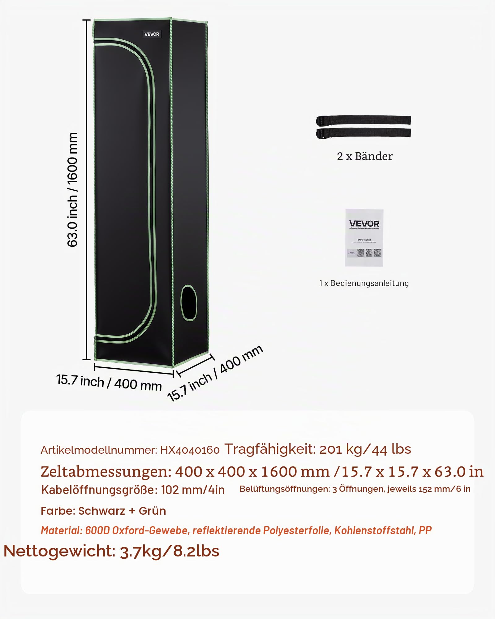VEVOR Growzelt, 40x40x160 cm, Growzelt 600D hochreflektierendes Mylar, Indoor-Pflanzenzelt mit Beobachtungsfenster, Bodenwanne & Reißverschluss, Gewächshaus Zuchtzelte für Obst, Blumen & Gemüse