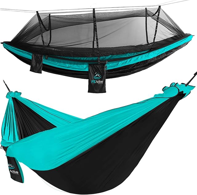 FE Active Outdoor Camping Hammock - Double Hammock for Adults. Removable Mosquito Net, Lightweight, Portable Hammock w Adjustable Straps for Travel, Camping, Backpacking | Designed in California, USA