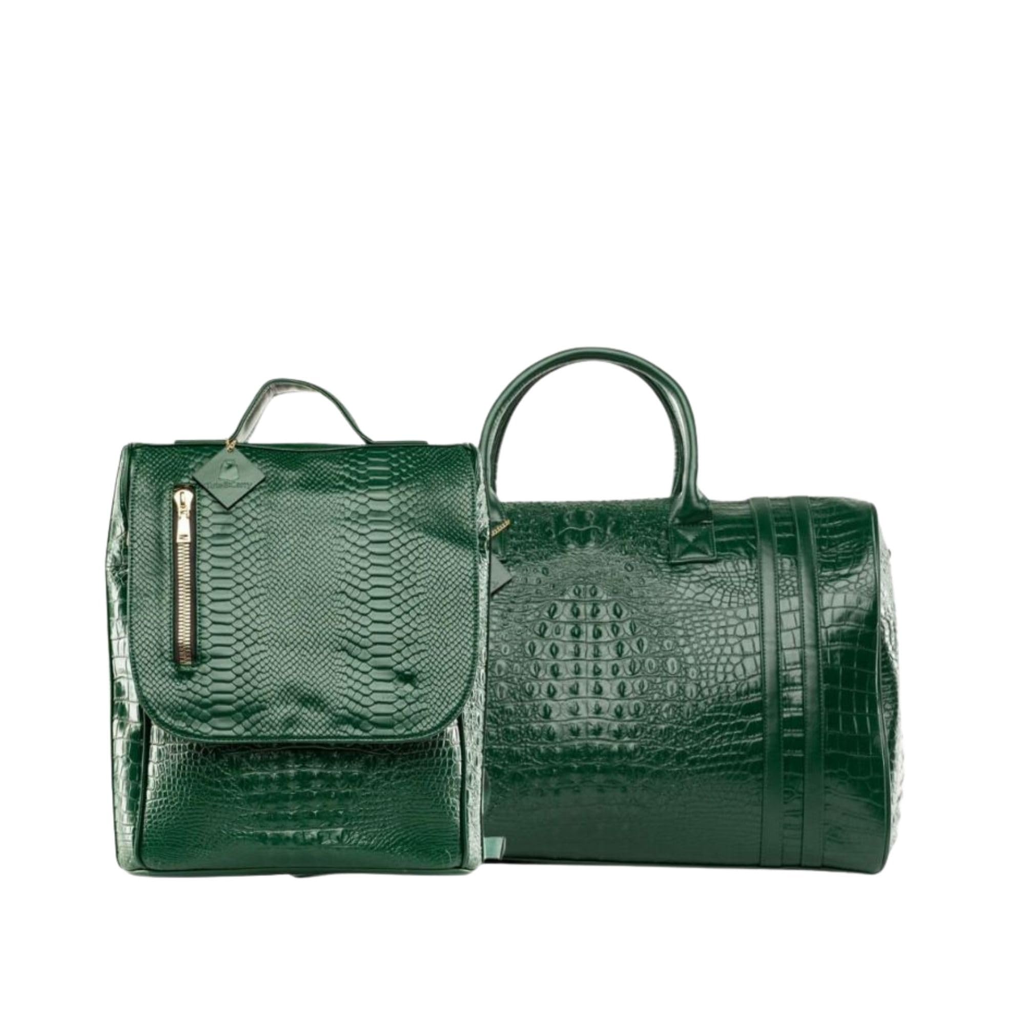 Tote Carry XL 2-Piece Emerald Green Travel Set Oversized Leather Duffle Bag Backpack for Women Bold Everyday Work