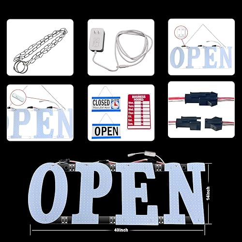 Miniatura 3 de Letreros LED abiertos de 40 x 14 pulgadas para negocios, diseño único súper brillante, blanco, con instalación colgante para tiendas de ventanas,