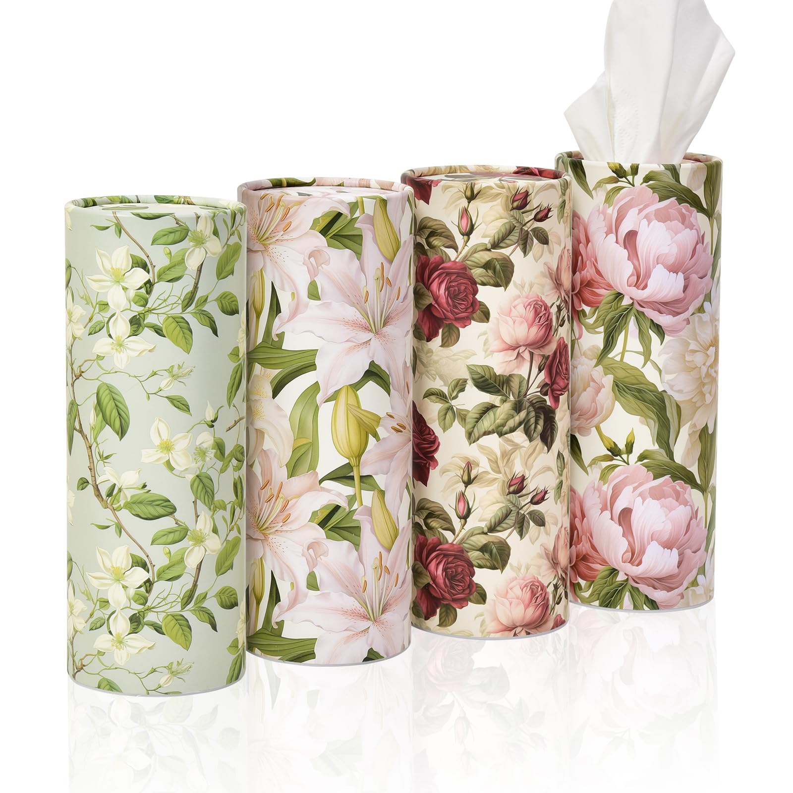 4pack Car Tissues Holder with Facial Tissues Vintage Rose Peony Orchid Travel Tissue Tubes Box Container for Car Tissues Cylinder Car Cup Holder
