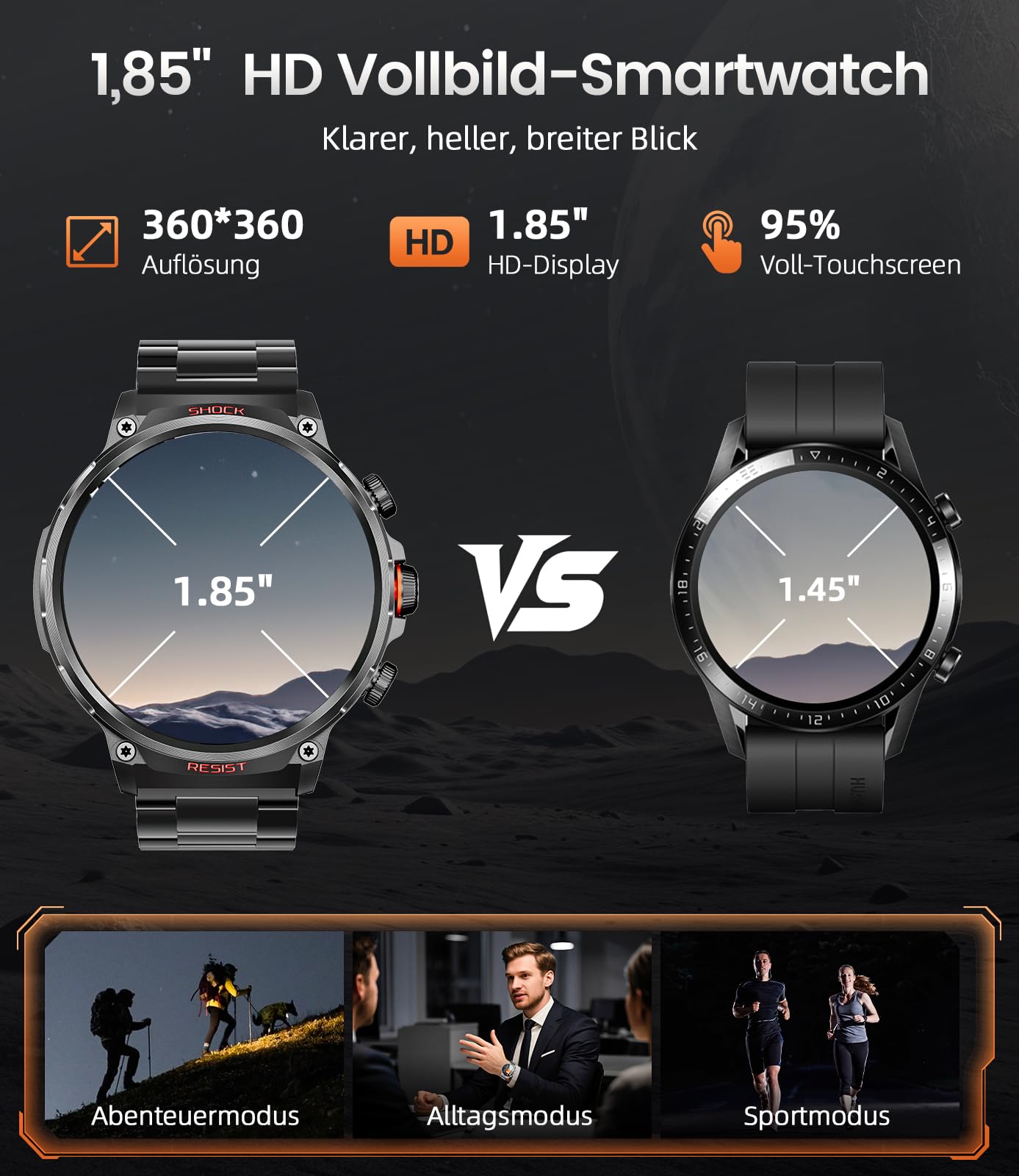 WalkerFit Smartwatch Uomo Militare 1,85", Batteria 710mAh, Orologio Smart con Chiamate & Monitoraggio Sonno, 100+ Modalità Sport, Orologio Fitness Impermeabile per Android iOS (Nero)