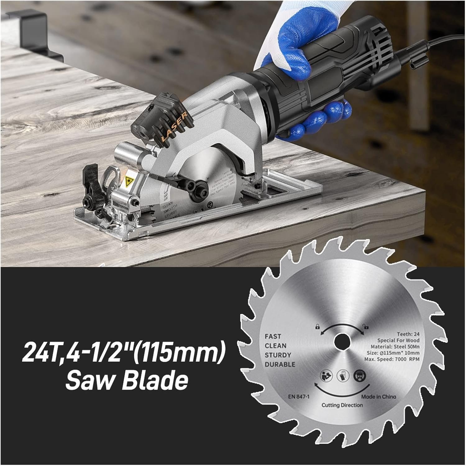 Electric Circular Saw with Cutting Guide 4.8 Amp 4-1/2 Inch 3500RPM Handheld Saws for Wood Tile and Plastic Cuts with High Efficiency