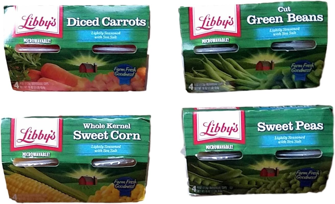 - Diced Carrots, Cut Green Beans, Whole Kernel Sweet Corn, Sweet Peas - Variety Pack of 4 Libby's Microwavable Individual Cups (16 Servings Total) - Bundle