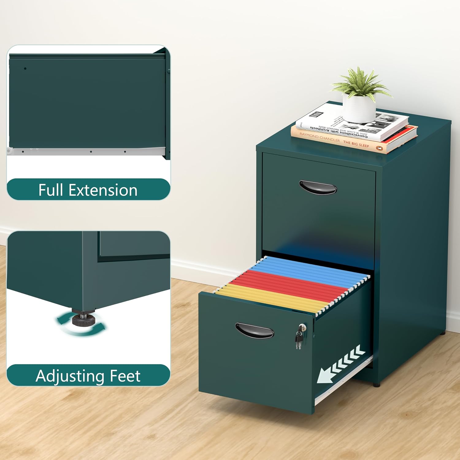 2 Drawer File Cabinet with Lock,Green Small Filing Cabinet for Home Office,Metal Vertical File Under Desk Cabinets for A4/Letter,Assembly Required