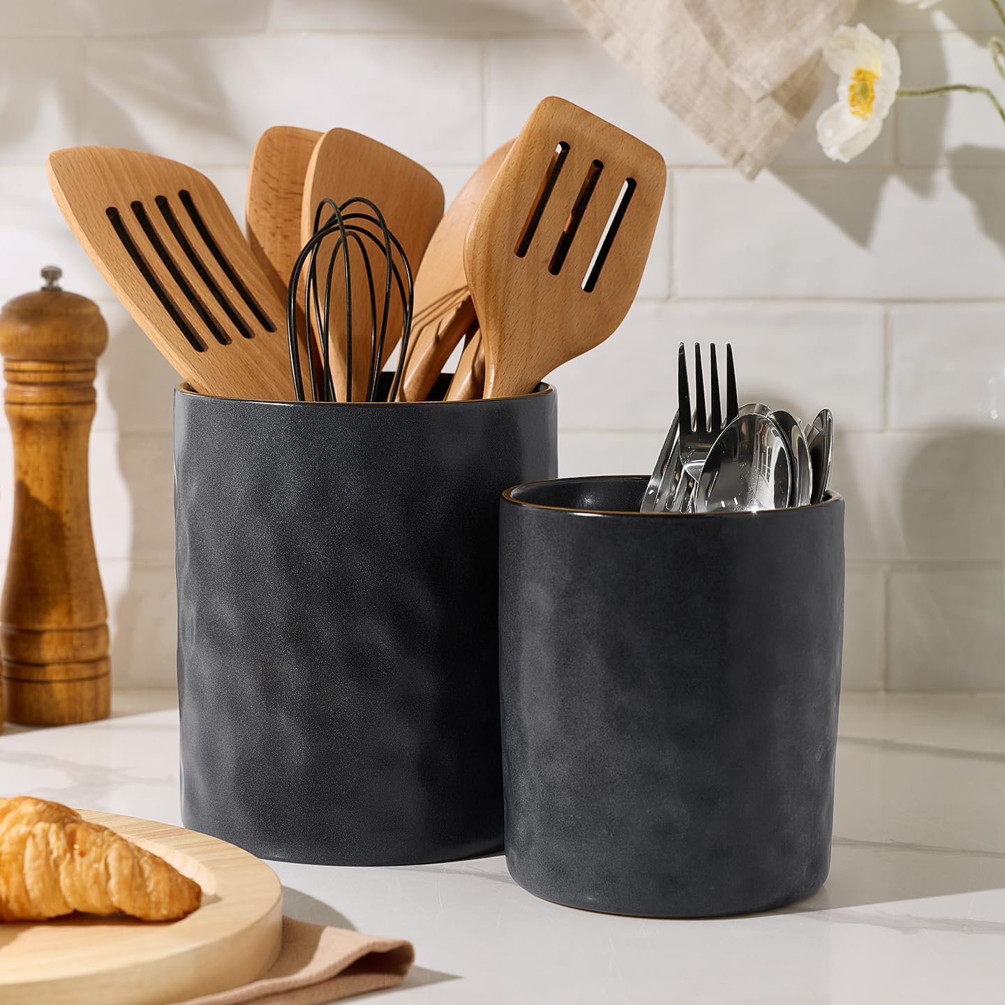 famiware Ocean Utensil Holder, 7.2"+5.8" Ceramic Kitchen Utensil Holder for Countertop, 2 Pieces Cooking Utensil Crocks, Utensil Organizer for Spatula & Spoon, Kitchen, Set of 2, Matte Dark Charcoal