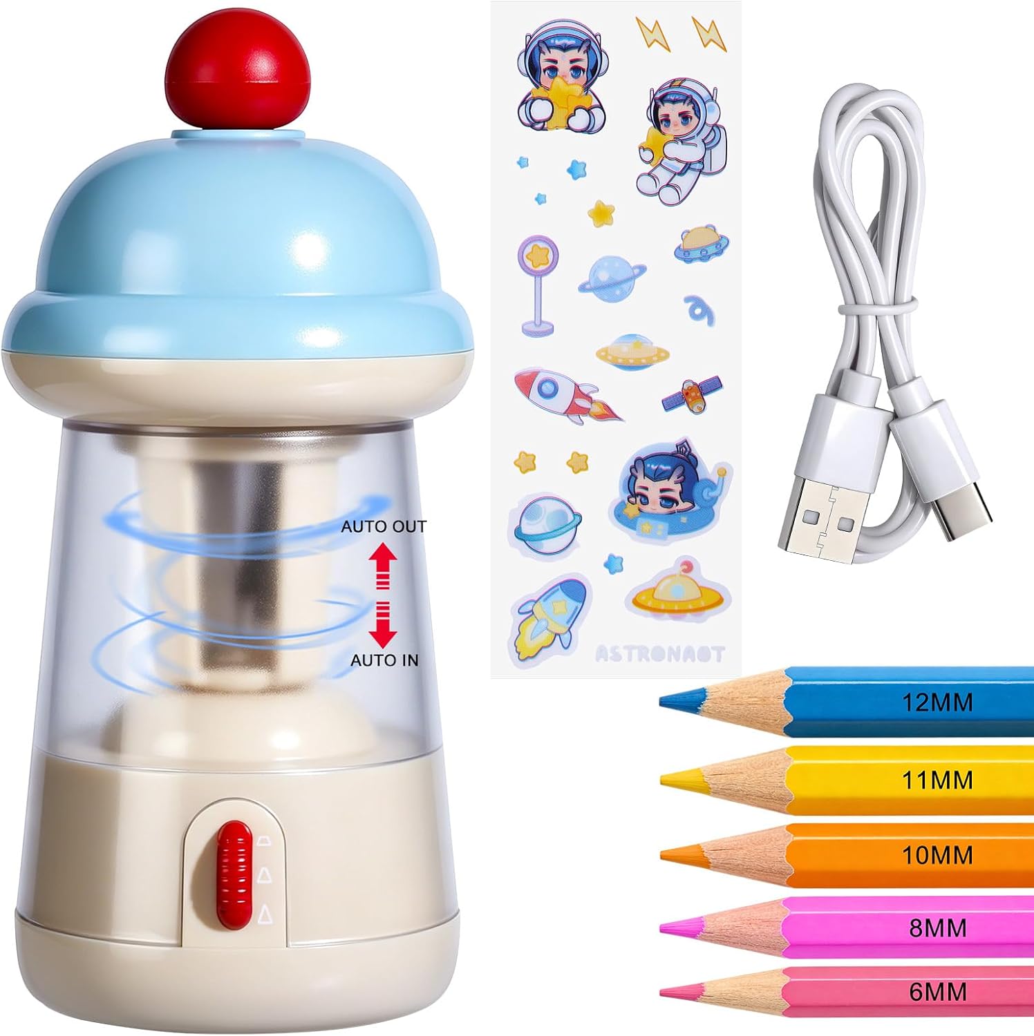 Rechargeable Electric Pencil Sharpener, 6-12mm Auto in & Out Fully Automatic Pencil Sharpener for Kids, Large Capacity Battery Powered, with Cartoon Stickers Ideal for Classroom & Home (Blue-White)