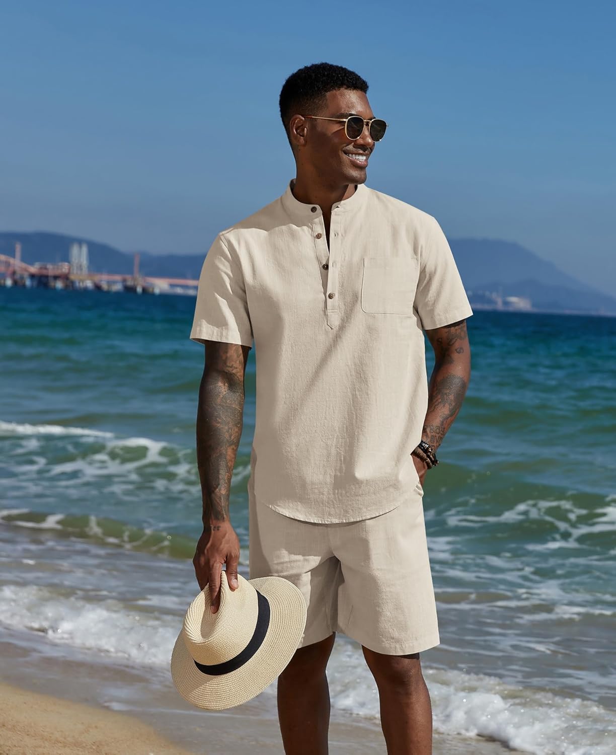 COOFANDY Men's 2 Piece Cotton Linen Sets Summer Beach Outfits Casual Short Sleeve Henley Shirts and Vacation Shorts - Image 2