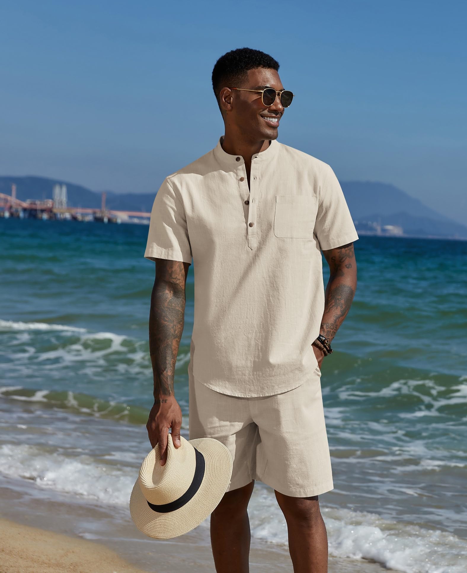 COOFANDY Set da uomo 2 pezzi in cotone e lino, abbigliamento estivo da spiaggia casual a maniche corte Henley camicie e pantaloncini per le vacanze