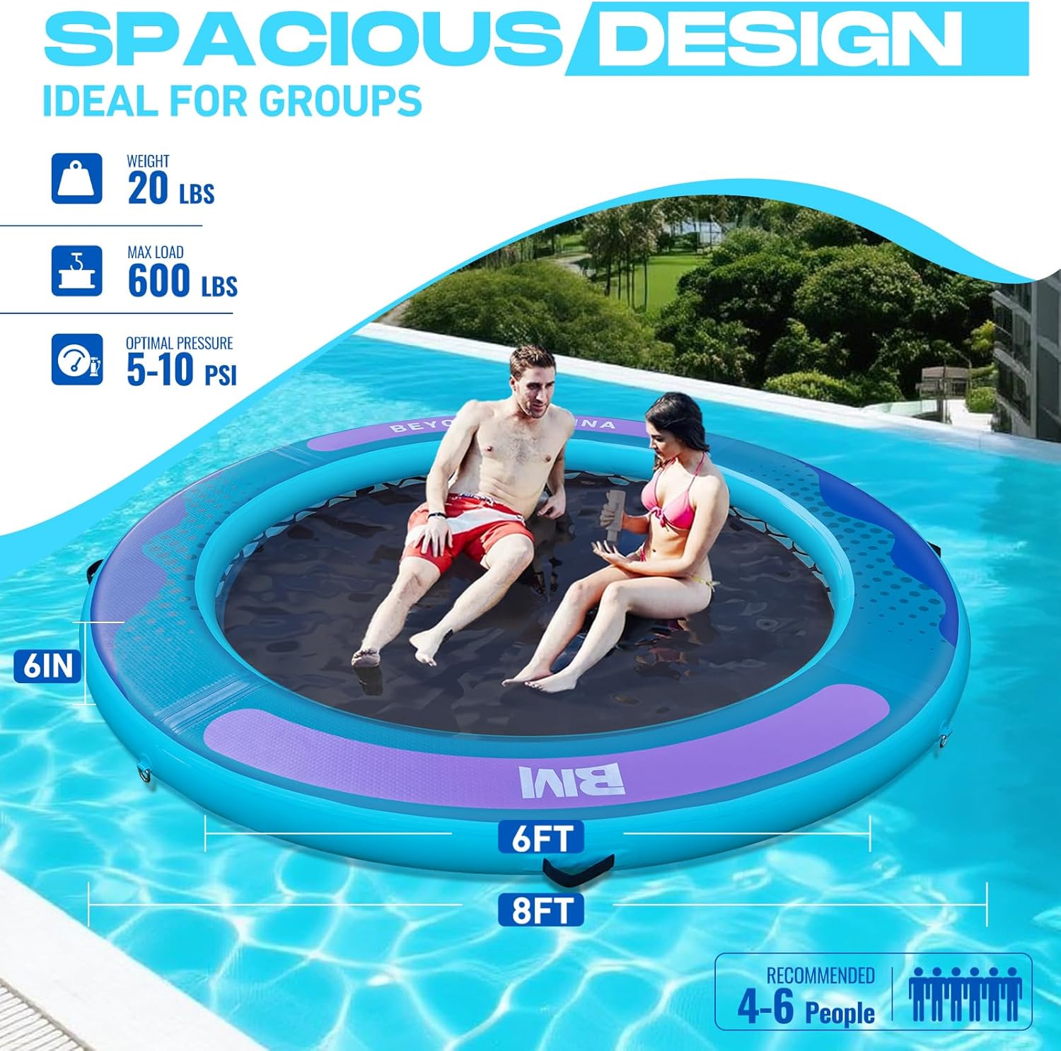 BEYOND MARINA Inflatable Water Hammock Floating Air Dock River Float with Mesh Heavy Duty Round Ring Raft for Pool Lake Ocean Portable Island Platform Pad 8'*6'*6"