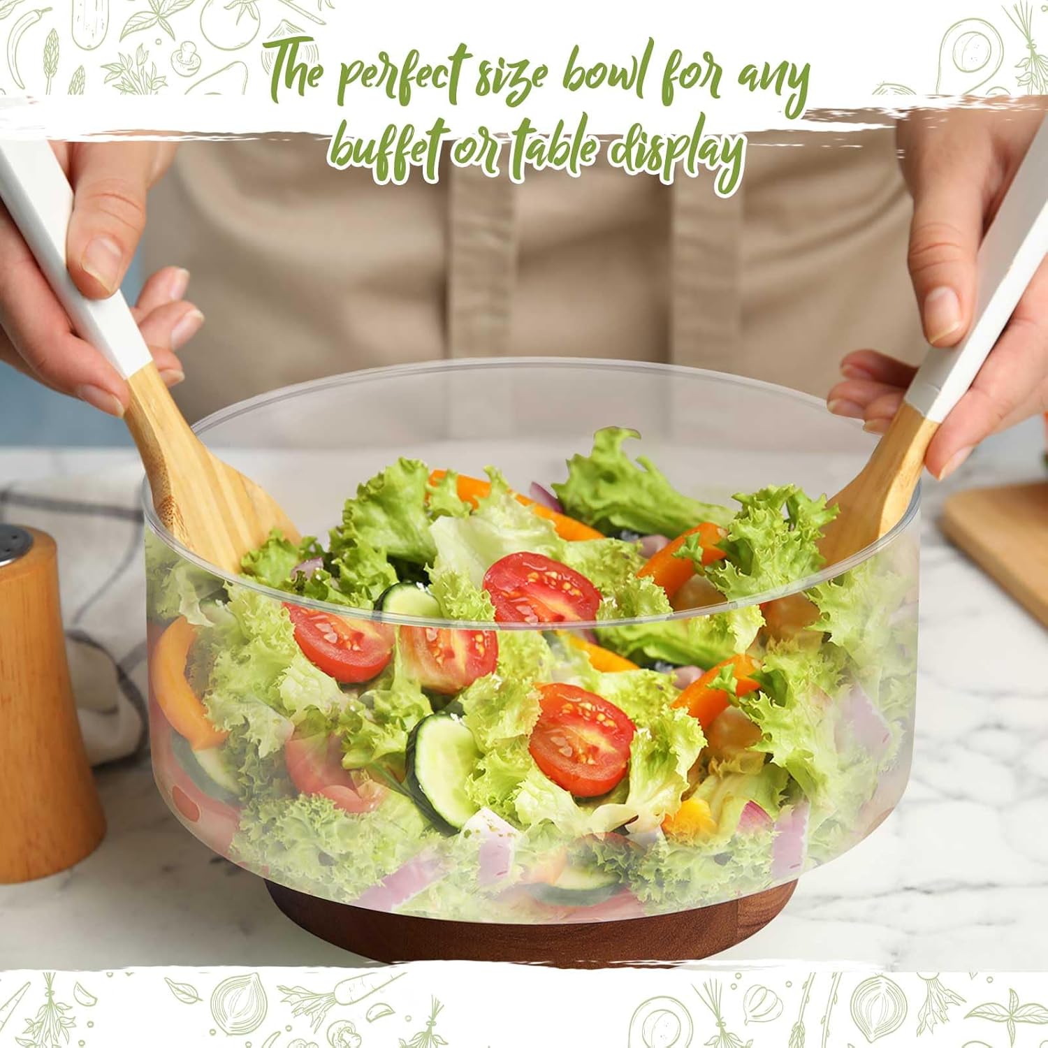 Domensi 2 Pcs Extra Large Glass Salad Bowl Set 125 oz and 57 oz Glass Fruit Bowl with Acacia Wood Base Popcorn Serving Salad Container for Kitchen Chips Pasta Snack Dessert