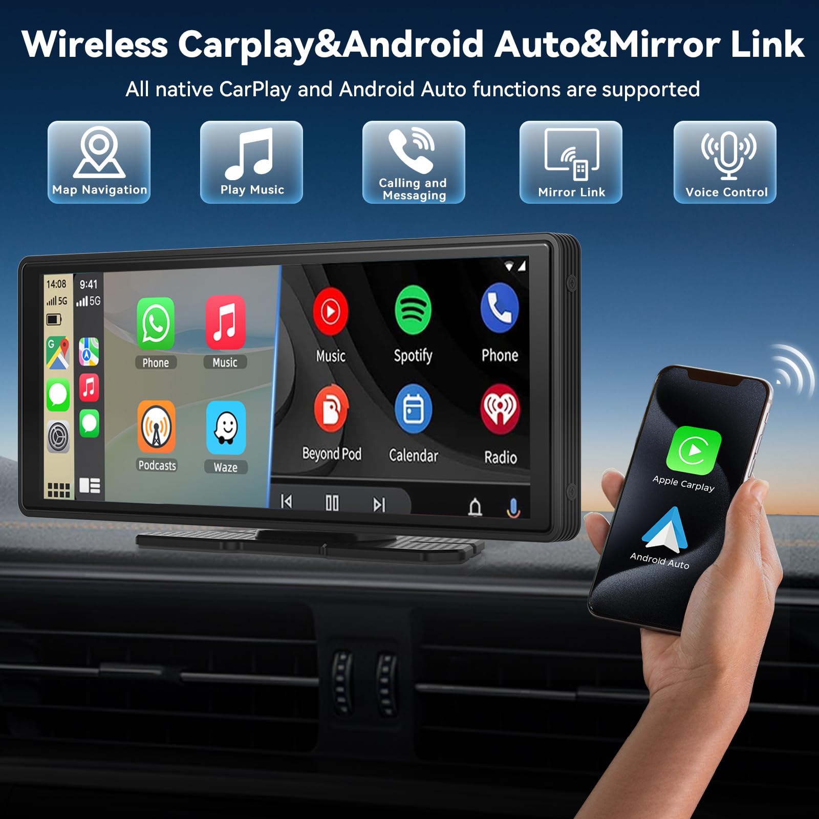 2026 Neuestes 10,26" CarPlay Display für Apple CarPlay & Android Auto, Tragbares CarPlay Display mit 4K-Dashcam & 1080P Rückfahrkamera, unterstützt Sprachsteuerung IPS Touchscreen Dual WiFi 64GB GPS