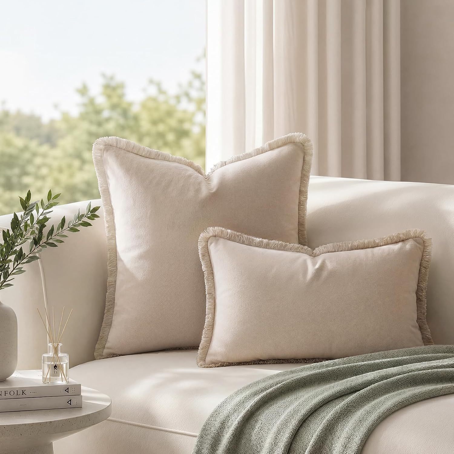 HOMEIDEAS Neutral Beige Velvet Throw Pillow Covers 18x18 Set of 2, Luxury Decorative Pillow Covers with Short Fringe Tassels, Modern Farmhouse Boho Cushion Covers for Sofa Couch Bed Home Decor
