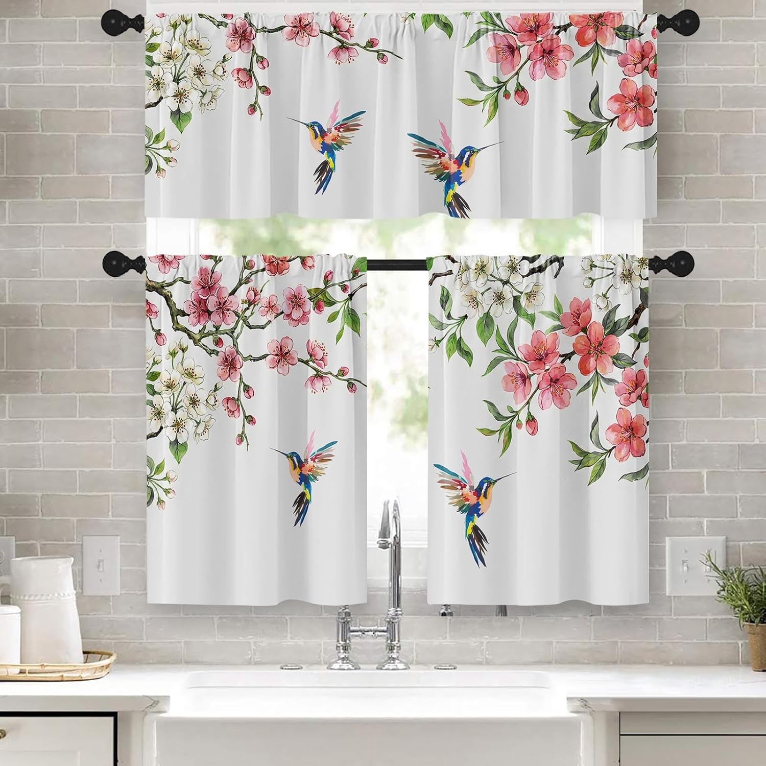 Flower Bird Kitchen Window Curtains Valance and Tier Set, Spring Hummingbird Watercolor Pink Botanical Short Tier Curtain, Floral Small Cafe Drapes for Kitchen Decor 52" x 24"