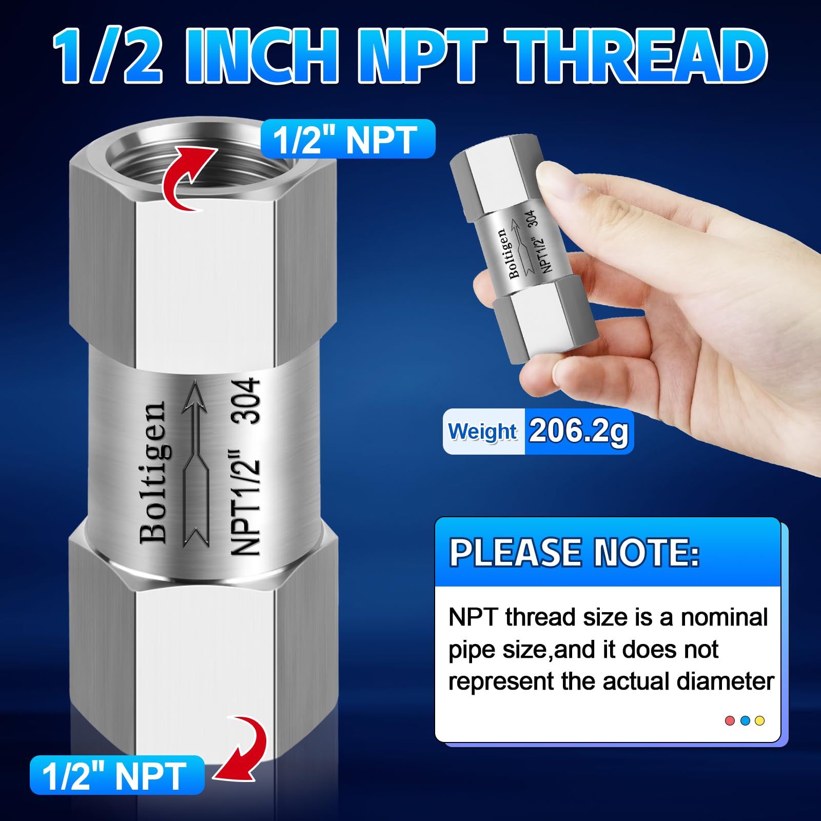 Boltigen Valvola di ritegno a molla NPT da 1/2 ", valvola di ritegno unidirezionale in acciaio inossidabile 304, Valvola di ritegno a fungo in linea per installazione orizzontale e verticale