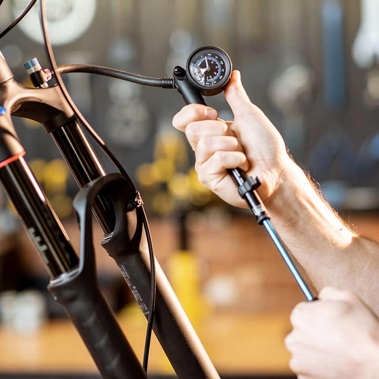 Pompa Bici per Forcella(Max 300 PSI), Pompa per Ammortizzatori Ad Alta Pressione, Pompe Ad Alta Pressione da Bicicletta con Manometro e Pulsante di Spurgo per Forcelle MTB e Sospensioni Posteriori