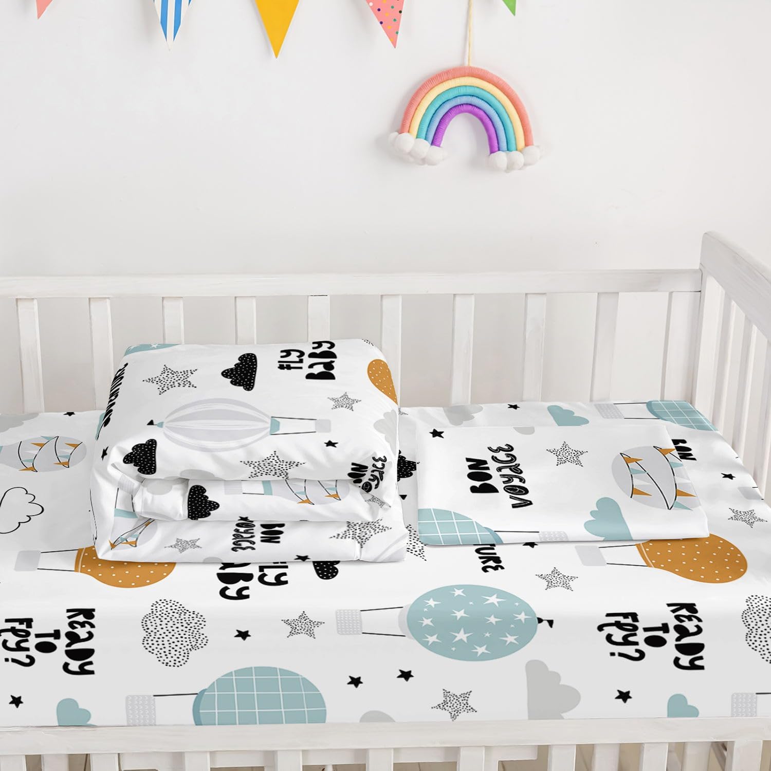 Crib Bedding Set,3pcs Nursery Cartoon Clouds Printed Crib Bedding Set,with Comforter Sheet & Skirt for Baby Boys and Girls(Clouds)