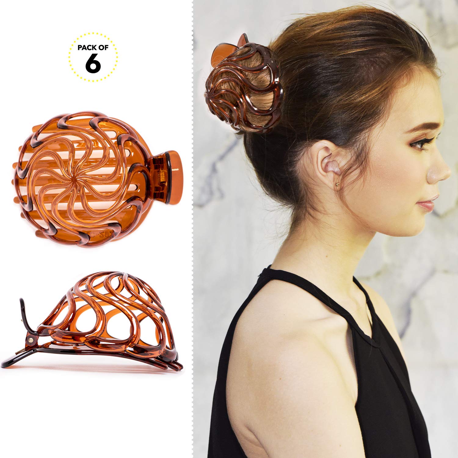 RC ROCHE ORNAMENT6 Pcs Womens Shell Dome Round Circle Stylish Fashion Plastic Strong Grip Hinge Side Slide Bun Maker Clips Girls Beauty Accessory Hair Clip, Medium Brown