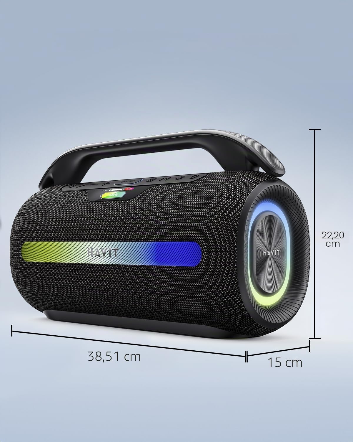 havit 120W MAX Outdoor Lautsprecher, IPX6 Wasserdichter Tragbarer Bluetooth Lautsprecher mit 2.2 K, 16H+ Spielzeit, RGB-Lichter, USB-C, Powerbank, Custom EQ, AUX/DSP für Camping, Strand, Garten