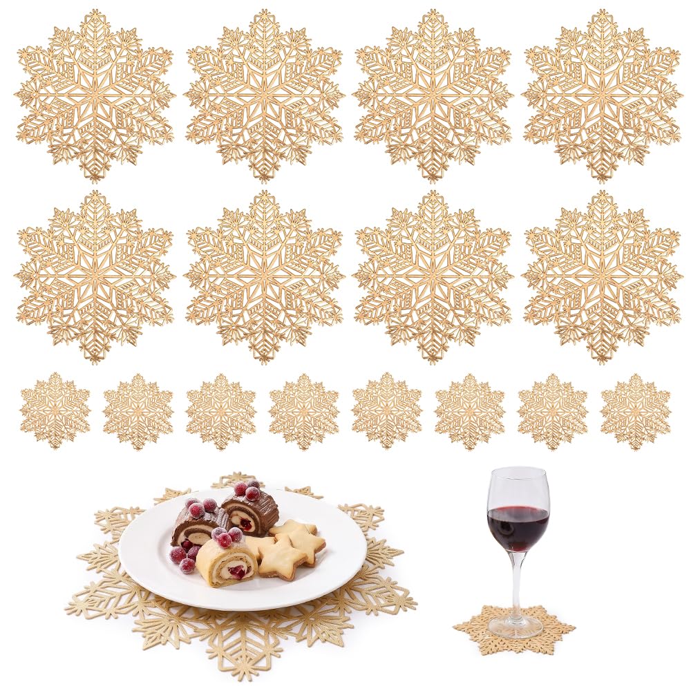 Zogxyc 16 Pcs Gold Placemats and Coasters Set, 38cm Snowflake PVC