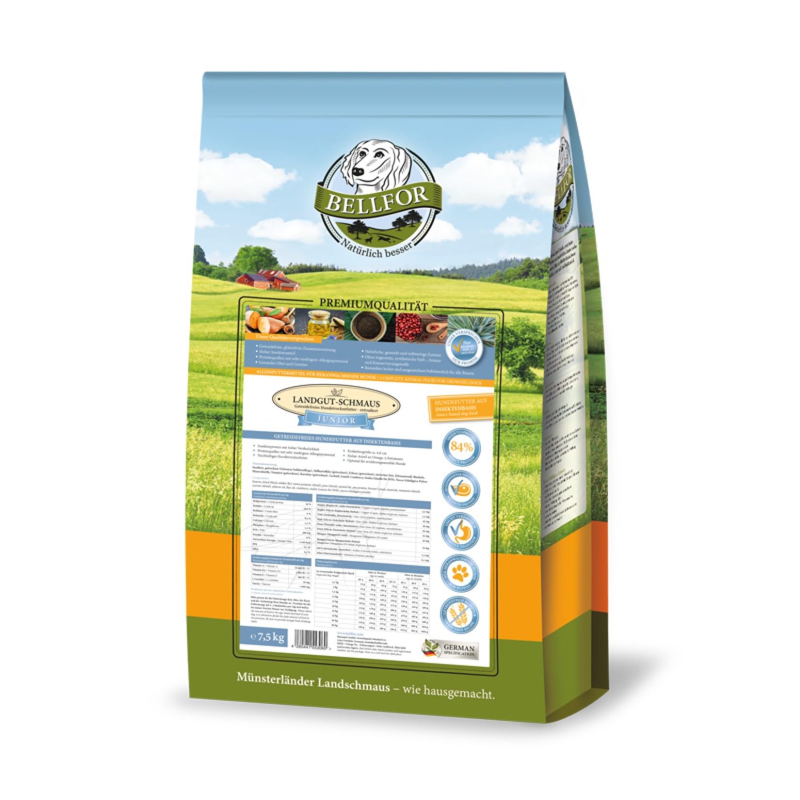 Comida seca para cachorros - Landgut-Schmaus Junior de Bellfor Comida seca para perros sin cereales con proteína de insectos para perros jóvenes. Comida hipoalergénica para perros. (7,5)