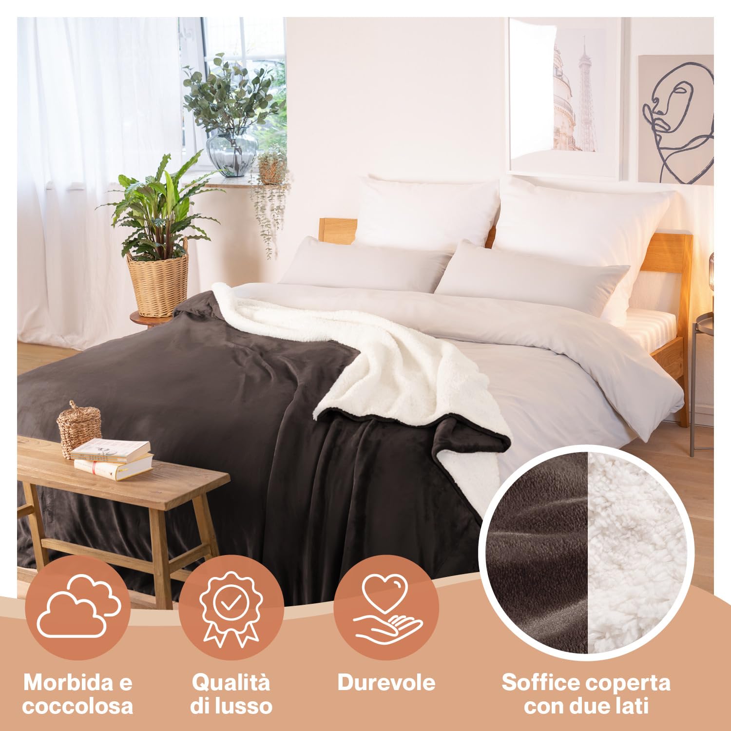 Blumtal Coperta Matrimoniale Sherpa - Coperta Pile - Plaid Divano Super Morbida - Coperta Plaid Matrimoniale Sherpa di Alta Qualità Certificata OKEO-Tex - 220 x 240 cm - Marrone Scuro