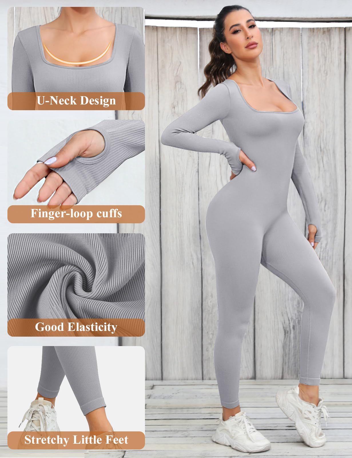 UMIPUBO Tuta Intera Donna Yoga Jumpsuit Sportiva Manica Lunga Tuta Intera Scollo U Completo Tinta Unica One Piece Palestra Leggings Slims Abbigliamento Moda Elastico Rompers Clubwear