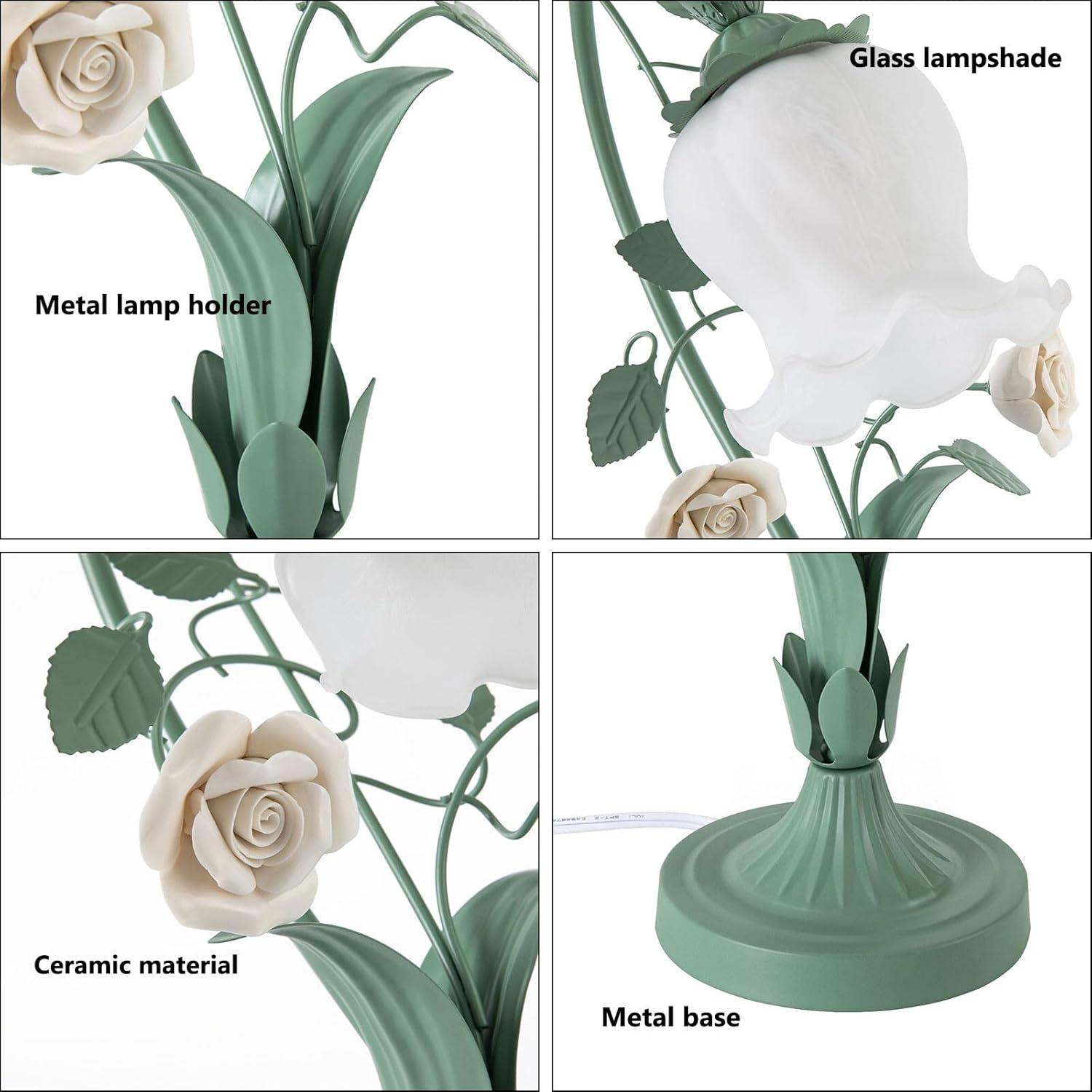 Flower Glass Table Lamp Vintage Bedside Nightstand Lamp with 5.12-Inch Wide, Glass Lampshade, Pad Base Rose Light for Bedroom Office Dresser, E26 Bulb Not Included (Green &White)