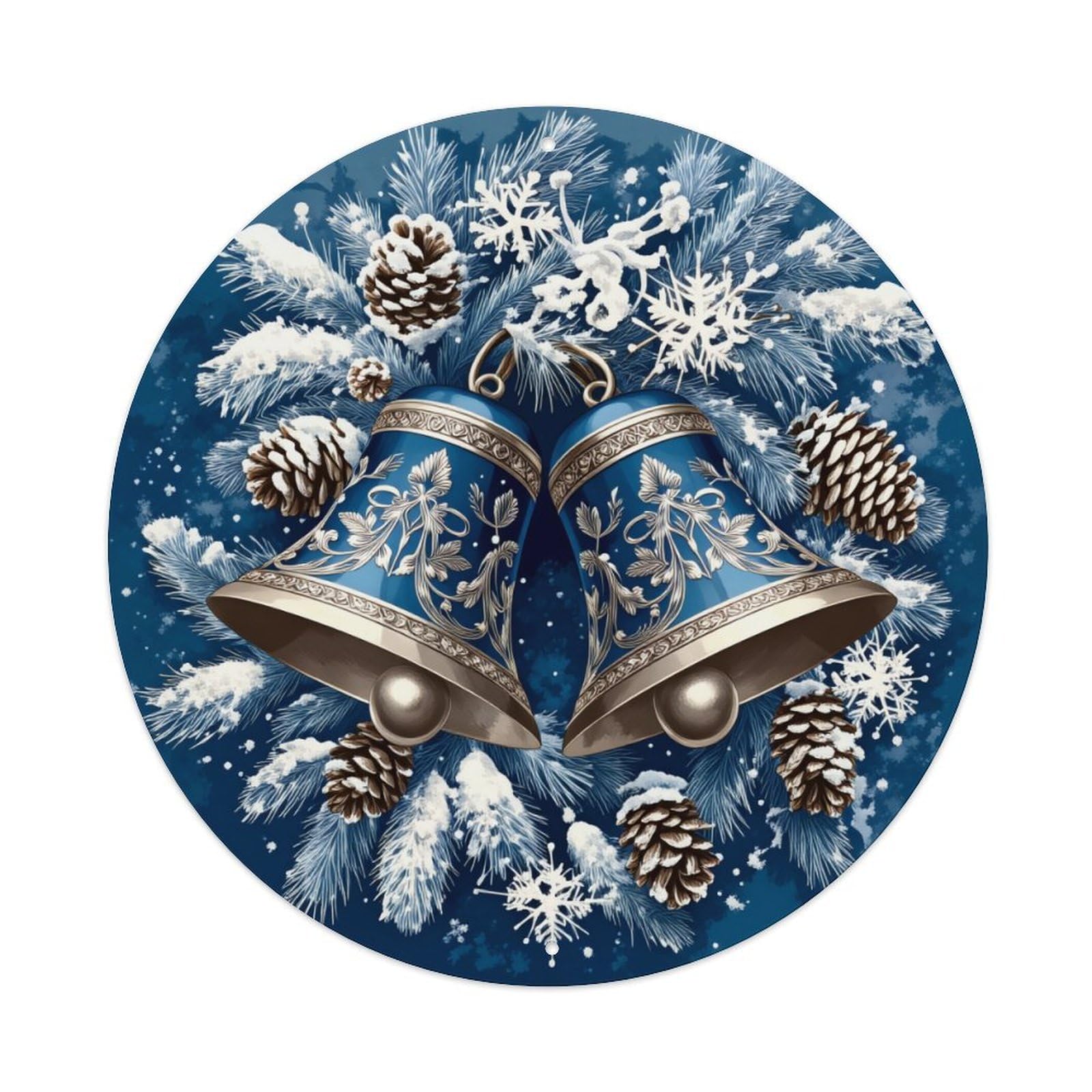 Blue Bells Snowflakes Pinecones Winter Round Tin Sign Vintage Metal Poster, Home Bar Garage Man Cave Cafe Indoor & Outdoor Wall Decoration 8x8Inches