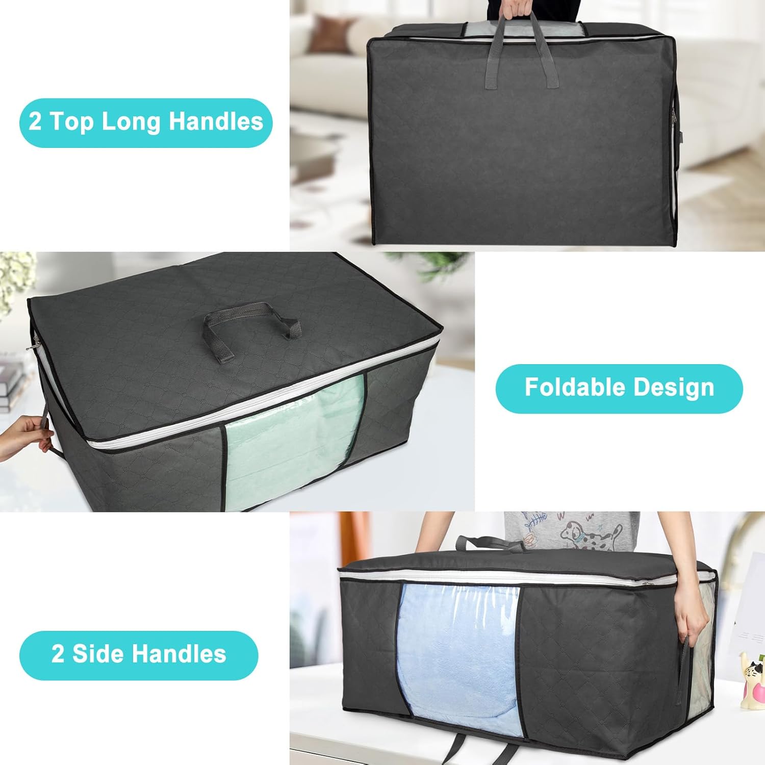 2Pack 105L Extra Large Blanket Comforter Storage Bags, Foldable Storage Bags for King Comforter Bedding Pillow Sheet Clothes with Handles Zippers Clear Window Closet Organizers and Storages, Black - Image 7