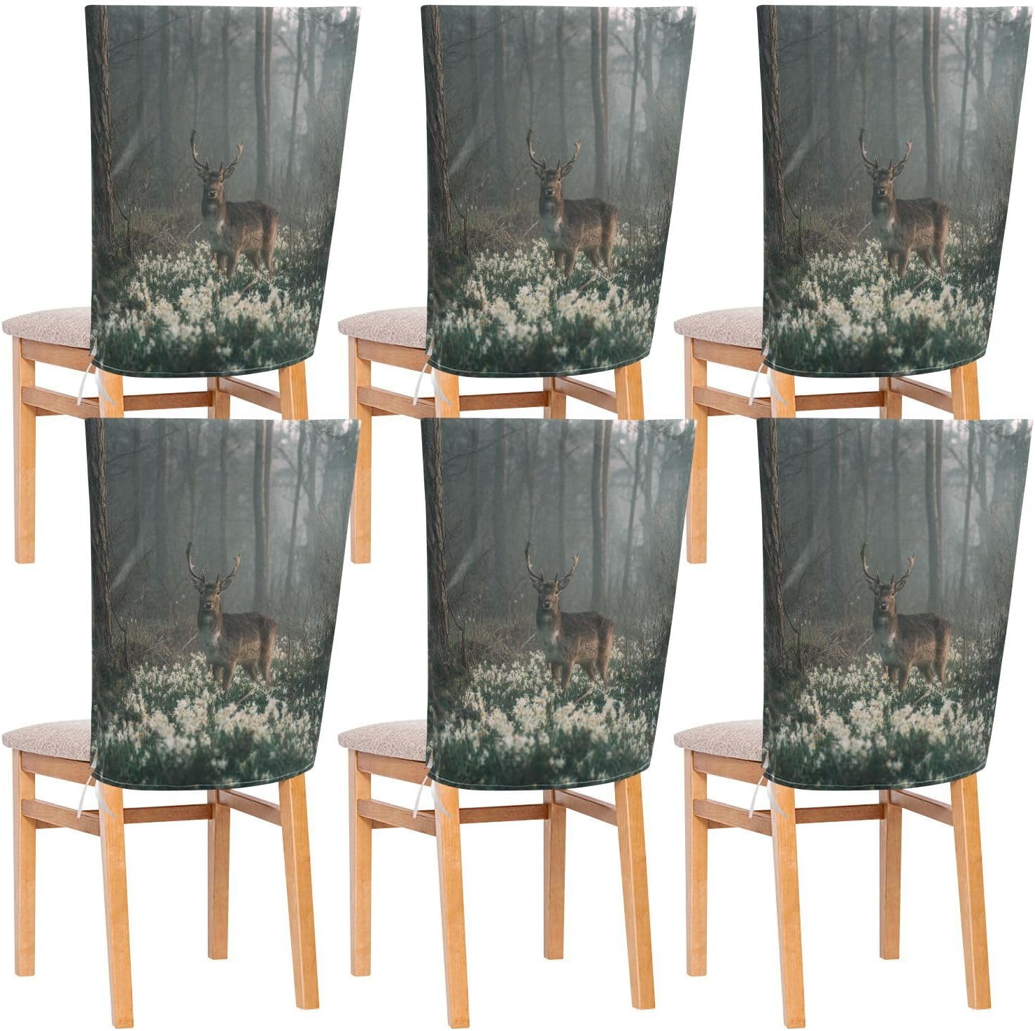 ALAZA Deer Forest Flowers Chair Back Cover Set of 6, Washable Reusable Removable Chair Slipcovers Decorative Chair Cover for Home Kitchen Wedding Party