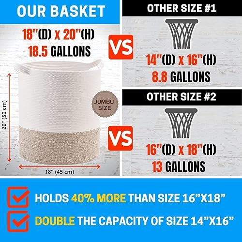 Miniatura 3 de MINTWOOD Design Cesta decorativa de cuerda de algodón tejida extra grande de 20 x 18 pulgadas, cesta alta para ropa sucia, cesta de manta para sala