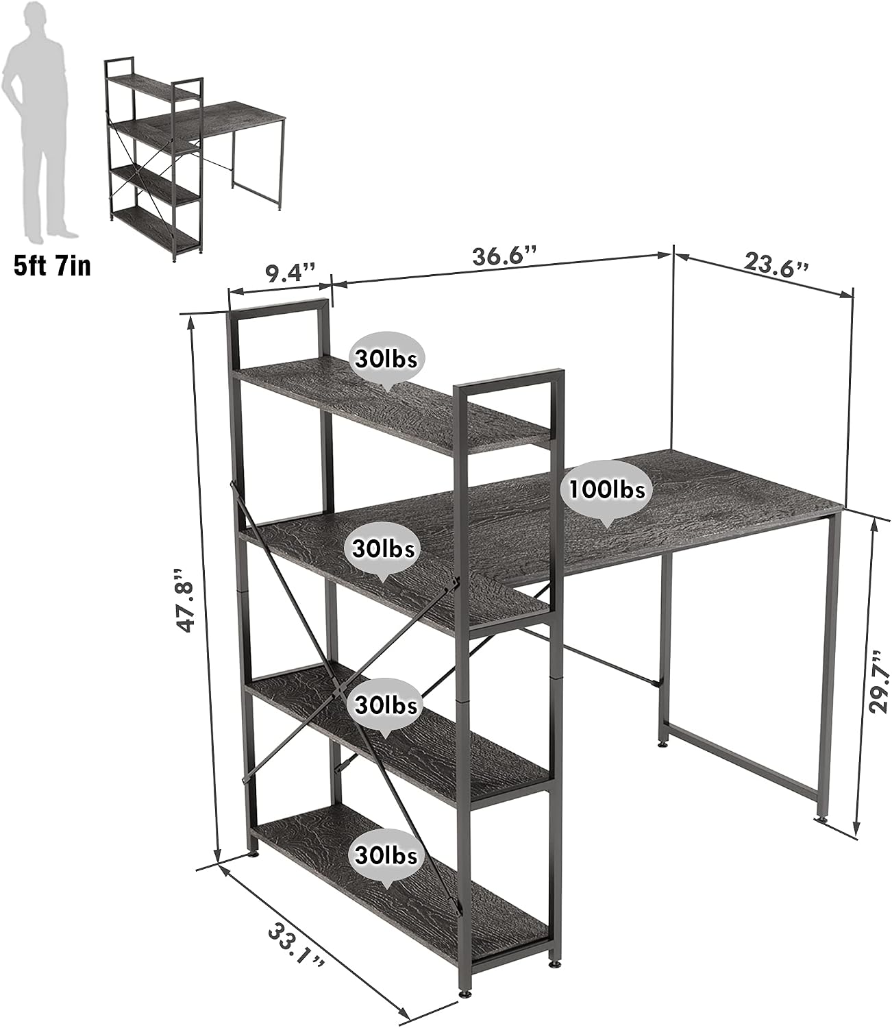Nost & Host L-Shaped Corner Desk with Storage Shelves, 46 Inch Small L-Shaped Desk with 4-Tier Reversible Bookshelf for Compact Space, Home Office Computer Desk, Ashwood Black