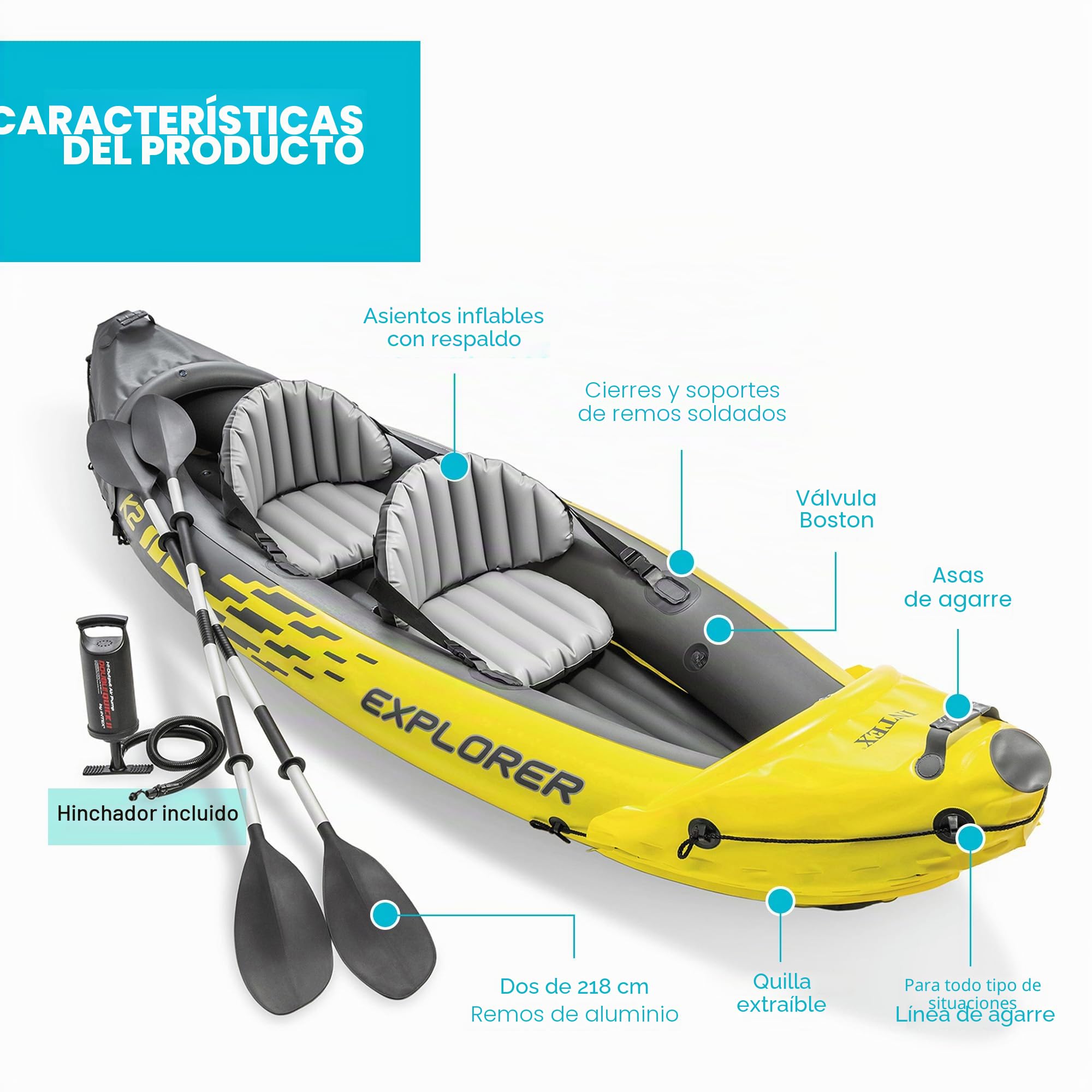 Intex Explorer K2 Kayak 2-Osobowy Nadmuchiwany Kajak z Aluminiowymi Wiosłami i Wysokowydajną Pompą